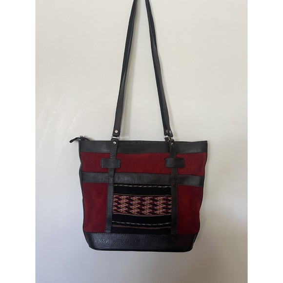 Boho Country Leather And Suede Shoulder Bag Red Brown Purse with Tapestry insert - Picture 1 of 13